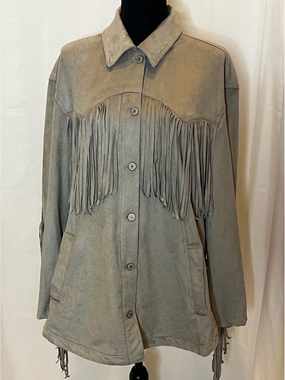 Free People We The Free Fringe Out Vegan Suede Jacket Gray M NWOT Western